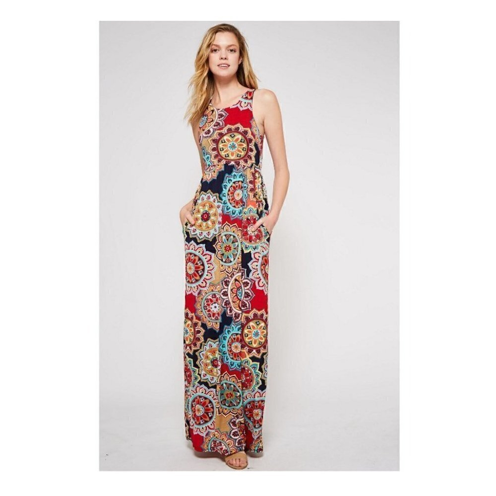 Bohemian Racer-Back Tank Multi-color Navy Red Flower Medallion Maxi Dress XL - Picture 5 of 12